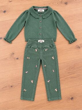 Boden Green Girls' Corduroy Pants size 2-3 with Floral Embroidery cardigan 3-4ye